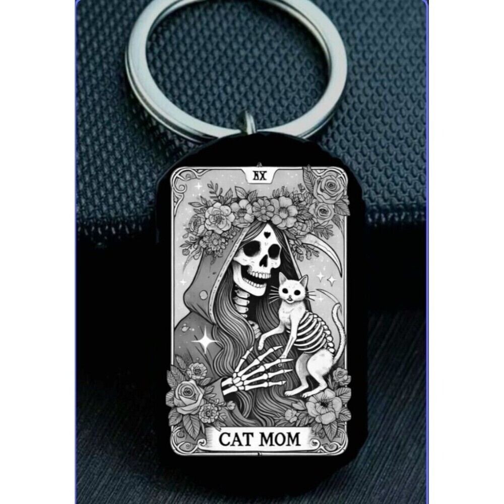 Cat Mom Tarot Card Skelton Art Hot Stainless Keychain Pet Animla Kitty